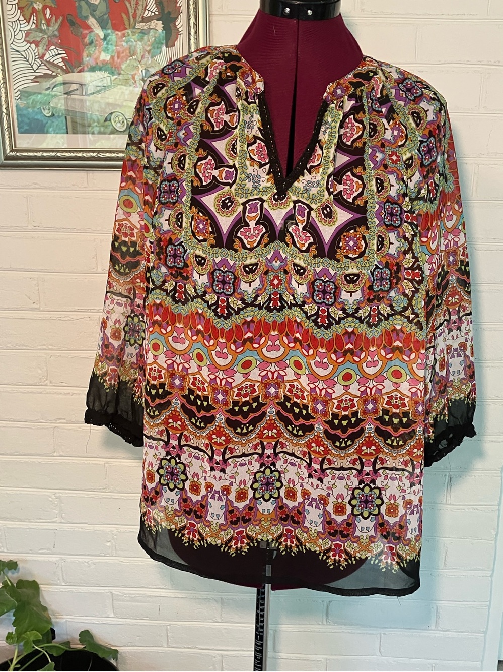 Forbidden Los Angeles Boho Paisley Print Sheer Blouse | Lace Trim | Size Large